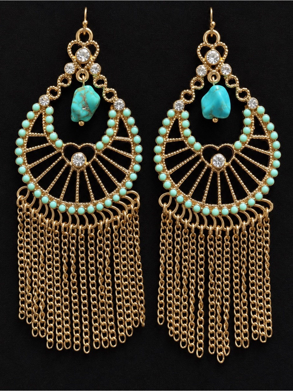Turquoise Beaded Gold-Tone Fringe Earrings